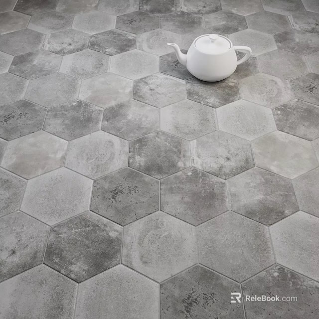 Gray Hexagonal Floor Tiles With White Teapot On Textured Surface 3d model