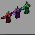 Three Men In Traditional Colorful Costumes With Red Purple Green Outfits And Hats