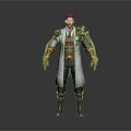 Steampunk Bearded Male Character With White Long Coat And Gold Blue Mechanical Armor