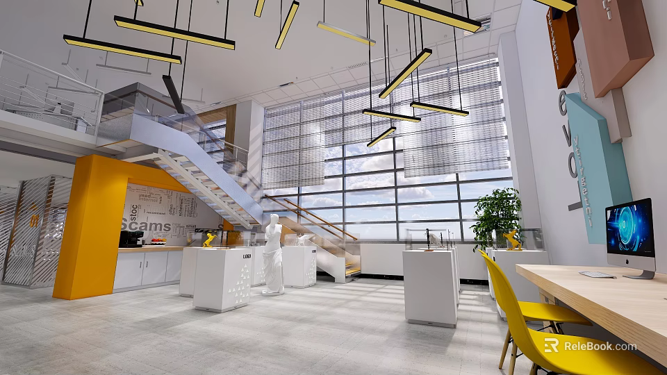 Modern Public Office Space With Open Concept Large Windows Yellow Chairs And Pendant Lights 3d model 