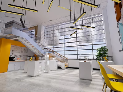 Modern Public Office Space With Open Concept Large Windows Yellow Chairs And Pendant Lights 3d model