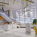 Modern Public Office Space With Open Concept Large Windows Yellow Chairs And Pendant Lights