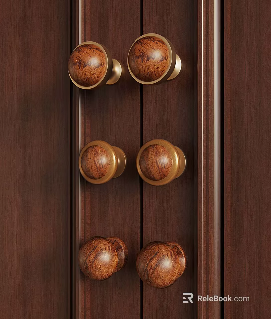 Wooden Cabinet Door Knobs With Gold Metal Accents On Dark Wood Surface 3d model 