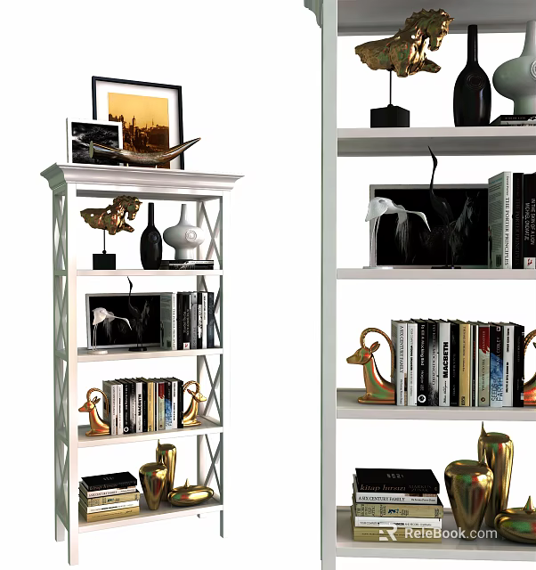 Modern Decorative Shelving Unit With Books Photo Frames Golden Figurines And Vases 3d model 