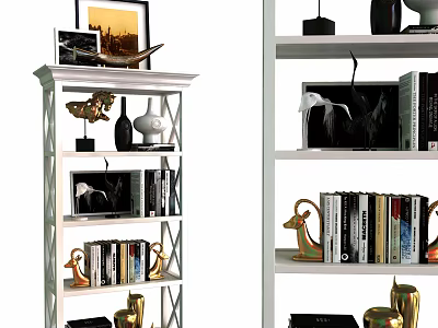 Modern Decorative Shelving Unit With Books Photo Frames Golden Figurines And Vases 3d model