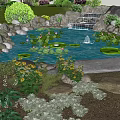 Tranquil Garden Landscape With Pond Water Lily Pads Small Waterfall Rocks And Flowers