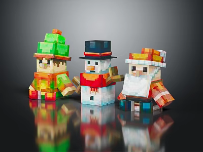 Colorful Pixelated Three Festive Characters Snowman Santa And Green Hat Holiday Figurines 3d model