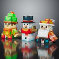 Colorful Pixelated Three Festive Characters Snowman Santa And Green Hat Holiday Figurines