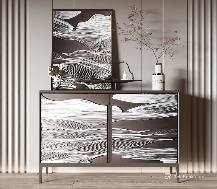 Elegant Modern Entryway Console Cabinet With Wavy Pattern Doors Mirror And Vase Decor 3d model
