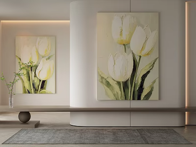 Botanical Paintings of White Tulips with Green Leaves in Modern Interior Decoration 3d model