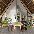Rustic Wooden Roof Restaurant Interior With Open Space Dining Table Chairs And Plants