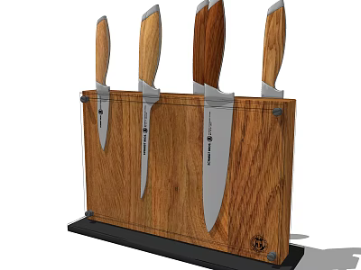 Kitchen Knife Set With Wooden Handles And Metal Blades In Storage Block 3d model