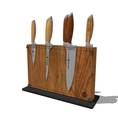 Kitchen Knife Set With Wooden Handles And Metal Blades In Storage Block 3d model
