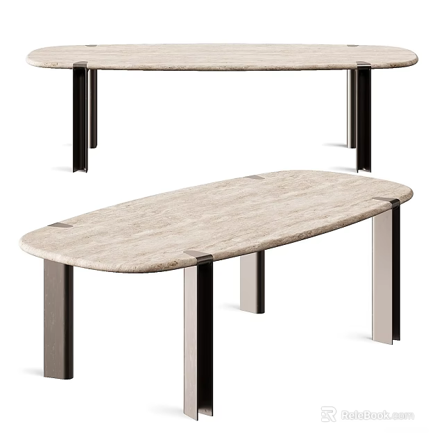 Modern Oval Dining Table With Wooden Top And Sleek Metal Legs Design 3d model 
