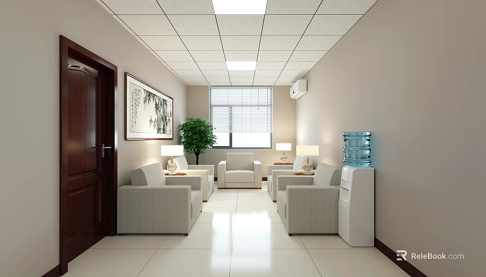 Hotel Public Lounge Featuring Light Colored Sofas Coffee Tables Table Lamps Green Plant And Window Blinds 3d model 