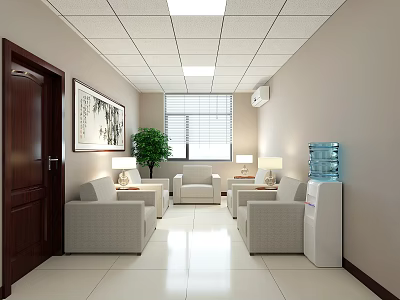 Hotel Public Lounge Featuring Light Colored Sofas Coffee Tables Table Lamps Green Plant And Window Blinds 3d model