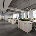 Modern Public Office Space With Open Layout Workstations Green Plants And Ergonomic Chairs 3d model