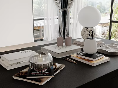 Modern Inflatable Decor On Table With Candle Books Lamp And Window Curtain 3d model