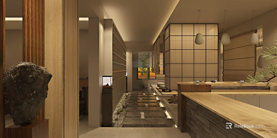 Japanese Style Teahouse Interior With Wooden Screen Stone Path Warm Lighting And Green Plants 3d model 