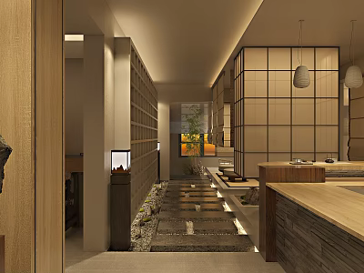 Japanese Style Teahouse Interior With Wooden Screen Stone Path Warm Lighting And Green Plants 3d model