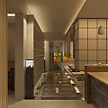 Japanese Style Teahouse Interior With Wooden Screen Stone Path Warm Lighting And Green Plants