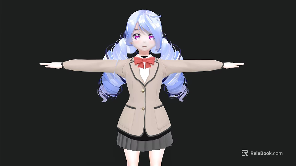 Woman With Blue Hair Pigtails Beige Coat Black Skirt Red Bow Tie Arms Outstretched 3d model 