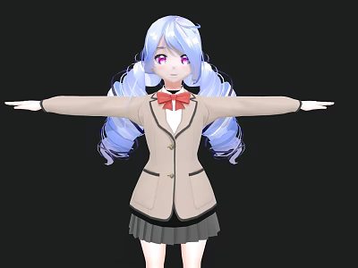 Woman With Blue Hair Pigtails Beige Coat Black Skirt Red Bow Tie Arms Outstretched 3d model