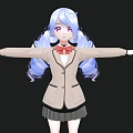 Woman With Blue Hair Pigtails Beige Coat Black Skirt Red Bow Tie Arms Outstretched