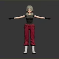 Woman With Gray Short Hair Black Gloves Red Loose Pants White Boots Arms Outstretched