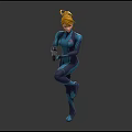 Dynamic Female Character In Blue Bodysuit With Blonde Hair Blaster Back Emblem And Dual Views