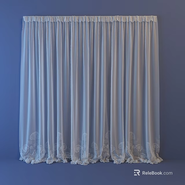 Elegant White Curtains with Light Flowy Fabric and Lace Patterns on Light Blue Background 3d model 