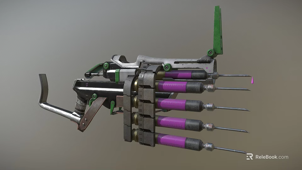 Futuristic Mechanical Weapon With Purple Cylinders Green Components And Metal Frame 3d model 