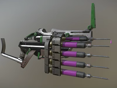 Futuristic Mechanical Weapon With Purple Cylinders Green Components And Metal Frame 3d model