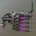 Futuristic Mechanical Weapon With Purple Cylinders Green Components And Metal Frame