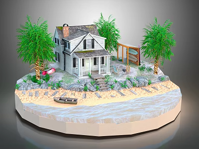 Scenic White Wooden House With Palm Trees Beach Waterfront Steps And Car 3d model