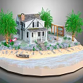 Scenic White Wooden House With Palm Trees Beach Waterfront Steps And Car
