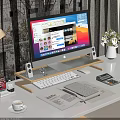 Practical Desk Workspace With Computer Monitor Wooden Stand Open Notebook Calculator And Flower Vase
