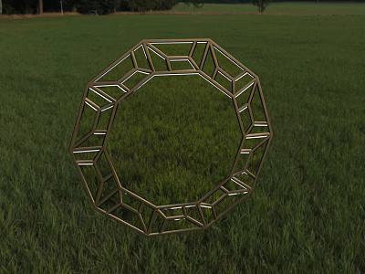 Gold Geometric Frame Octagonal Mirror Placed On Green Grass Field 3d model
