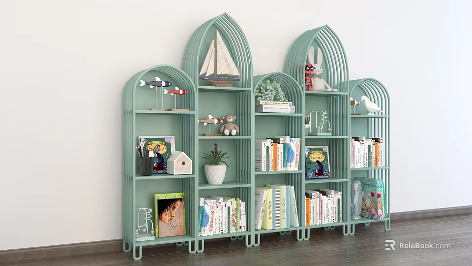 Light Green Modern Arched Metal Bookcase With Books Decorations Sailboat Model And Potted Plant 3d model 