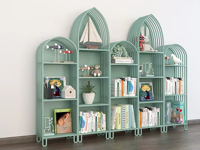 Light Green Modern Arched Metal Bookcase With Books Decorations Sailboat Model And Potted Plant 3d model