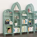 Light Green Modern Arched Metal Bookcase With Books Decorations Sailboat Model And Potted Plant