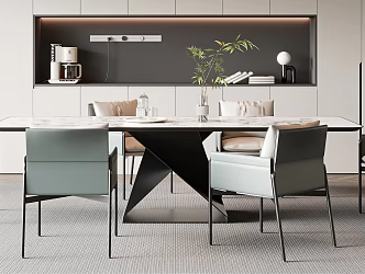 Modern Dining Table and Chair Combination Marble Dining Table Leather Dining Chair Green Plant Ornaments 3d model