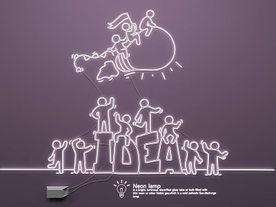 Neon Lighting Combination With White Silhouettes Sun Clouds And Bright Ideas On Purple Background 3d model