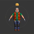 Cartoon Construction Worker With Yellow Hard Hat White Beard Green Shirt Orange Vest Tool Belt