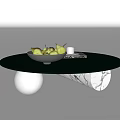 Modern Black Glass Top Coffee Table With Marble Base And Fruit Bowl Pears