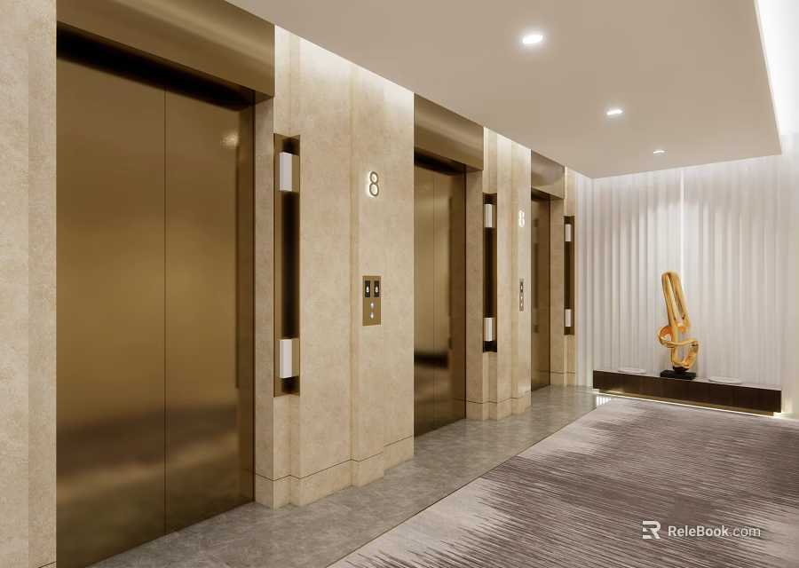 Elevator Lobby Featuring Golden Doors Beige Walls Recessed Lights Gray Carpet And White Curtains 3d model 
