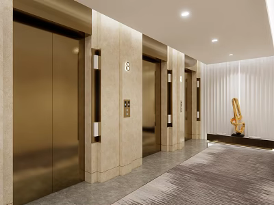 Elevator Lobby Featuring Golden Doors Beige Walls Recessed Lights Gray Carpet And White Curtains 3d model