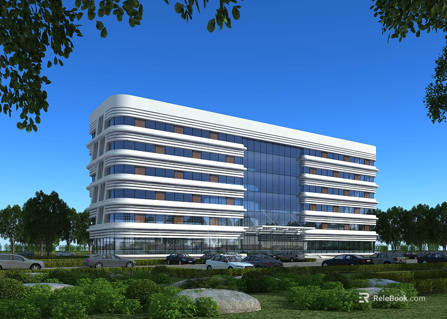 Modern Multi Storey Office Building Exterior With Glass Curtain Wall Landscaped Gardens And Parking Area 3d model 