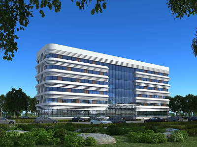 Modern Multi Storey Office Building Exterior With Glass Curtain Wall Landscaped Gardens And Parking Area 3d model