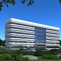 Modern Multi Storey Office Building Exterior With Glass Curtain Wall Landscaped Gardens And Parking Area